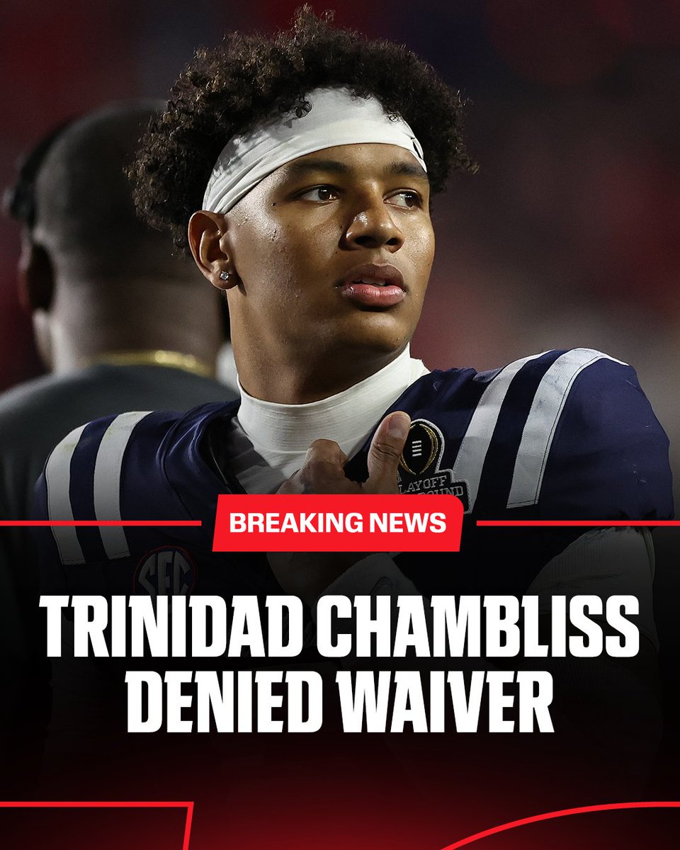 espn's tweet image. Breaking: The NCAA has denied Trinidad Chambliss a sixth year of eligibility, which would end his college career. The decision comes after a verbal denial in December. Ole Miss can still appeal the decision.