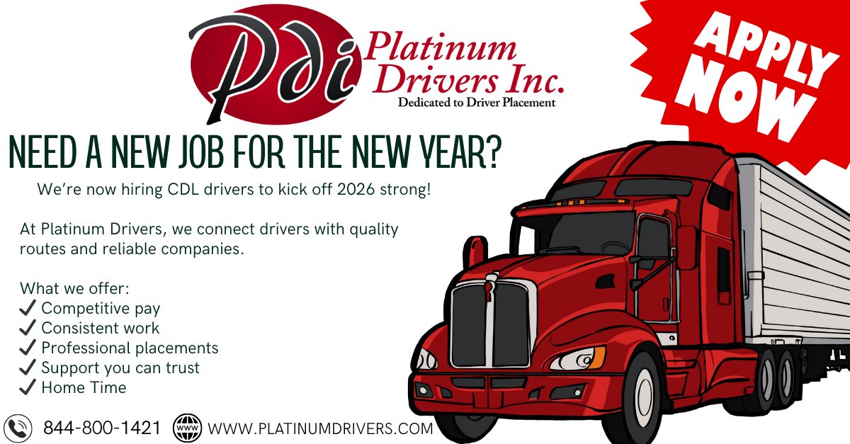 PlatinumDrivers's tweet photo. New Year, New Opportunity!

Start 2026 with better routes, better pay, and better opportunities.

Apply today by visiting https://t.co/pK0qf8NI1s or give us a call at 844-800-1421

#cdljobs #nowhiring #hiringdrivers #platinumdrivers https://t.co/La4LQqHD6x