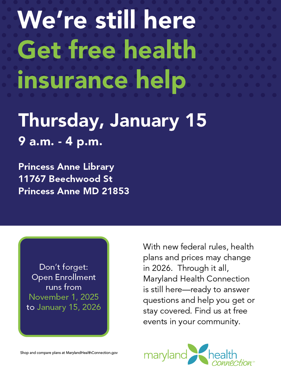 MarylandConnect's tweet image. Open enrollment is almost over!  

Come see us through January 15 at events throughout the Lower Shore!