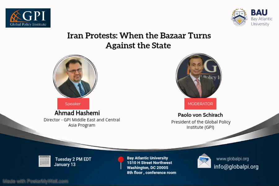 GPInstitute's tweet image. Join us on Tuesday, January 13, at 2:00 PM (EST) for a timely discussion titled Iran Protests: When the Bazaar Turns Against the State.

You can attend this event virtually and in person

Register here: forms.gle/kAwAAu4FqmDVSc…