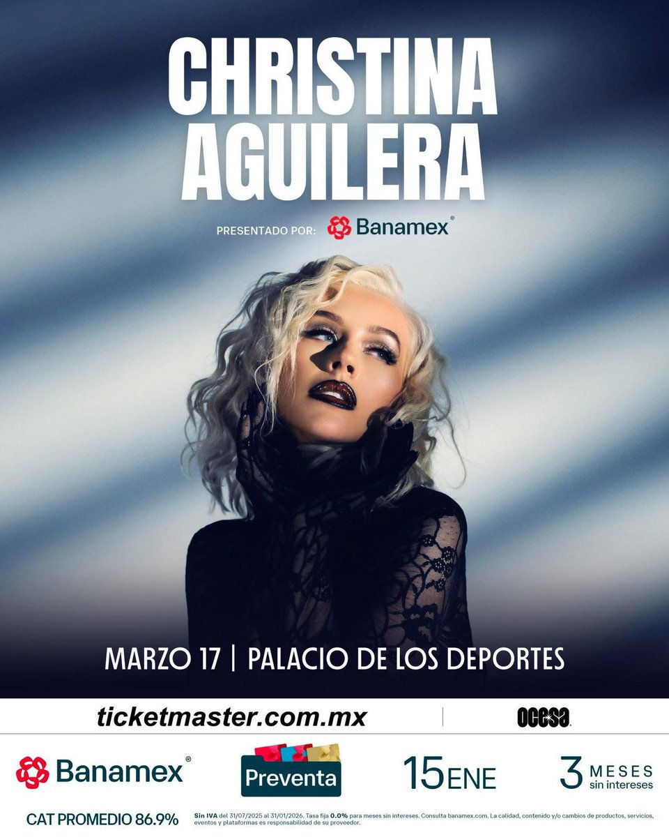 XtinaMexico's tweet image. 🚨⚠️❤️ La Reina Christina Aguilera regresa a México este 2026, el 17 de Marzo al Palacio de los Deportes de la Cdmx. Preventa Banamex 15 de Enero 🎫
🔥 Ahí nos vemos 🔥 @xtina 
#XtinaenMexico #Xtina #Xtinaregresa