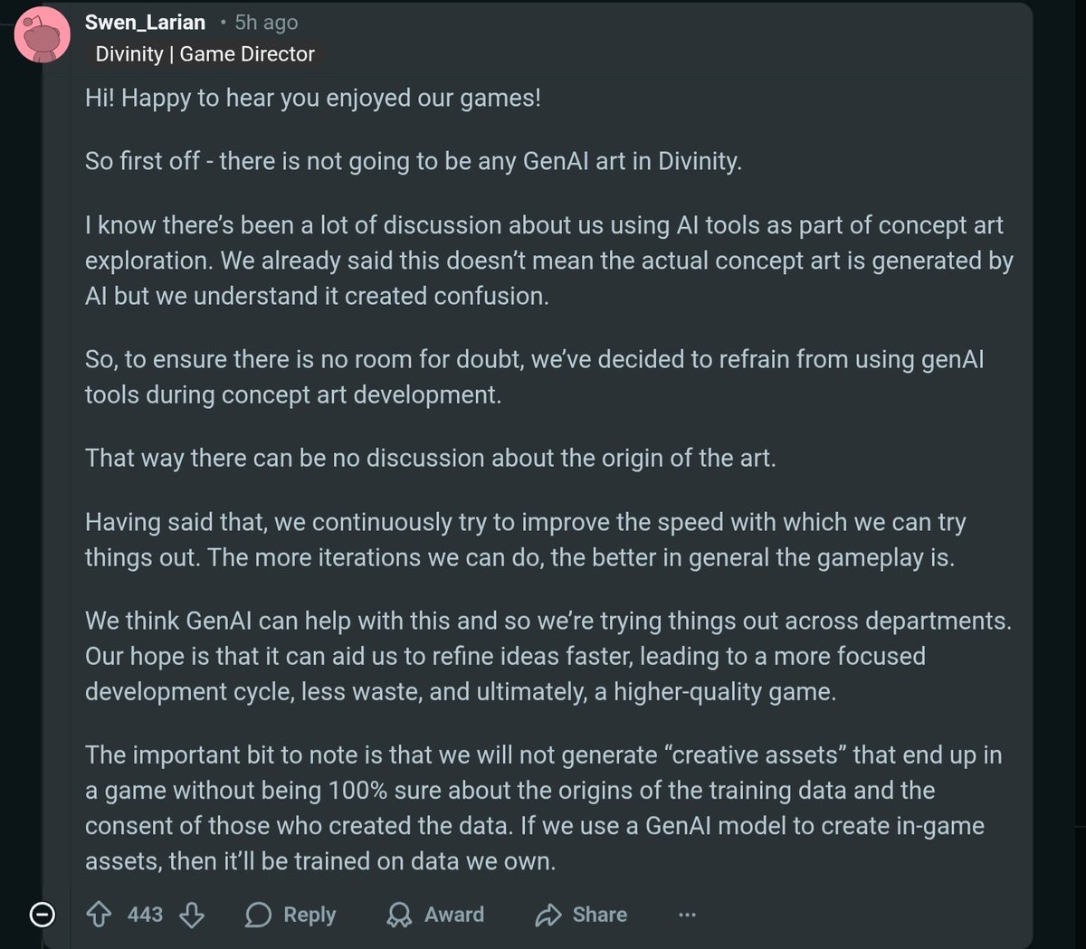 Okami13_'s tweet image. Larian Studios CEO statement on the use of generative AI in Divinity:

• Larian will stop using genAI for concept art development
• However, they'll still use it to "improve the speed with which we can try things"
• Any use of AI will be built on data that they own
• "We will…