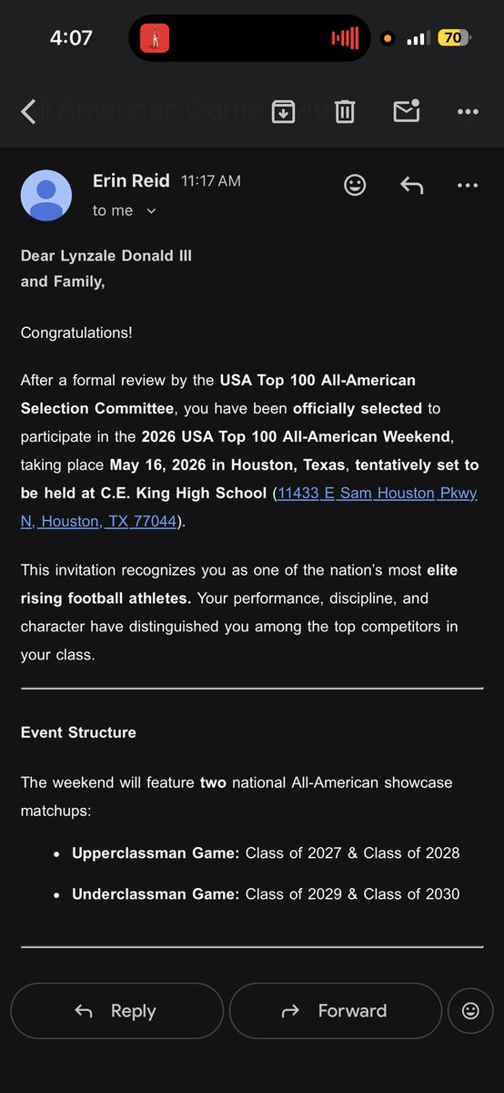 Reako5x_'s tweet photo. Blessed to receive a invitation to USA Top 100 All-American game #Redoak
#Go5 @_CoachROB__  @CoachTraun 
@MRcoachP https://t.co/xMhOFb4fOU