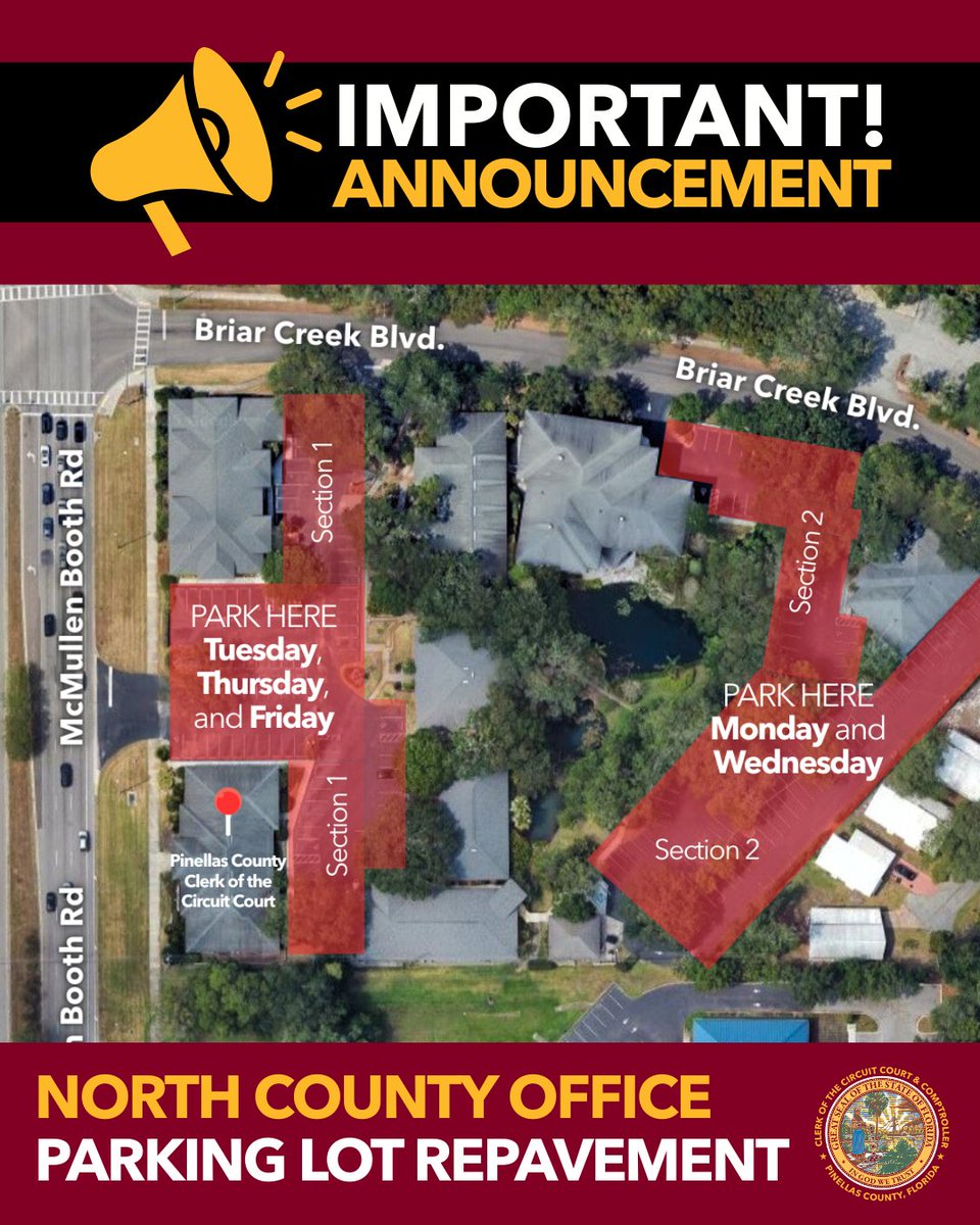 🔔The parking lot at the Clerk's North County Branch will be closed for repairs on Monday, January 12 and Wednesday, January 14.  Please follow the posted signs to park behind the complex on these dates.