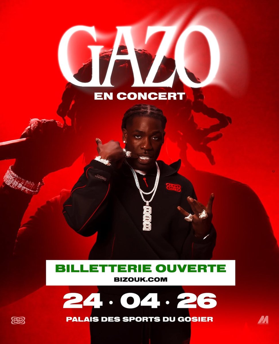 🚨GAZO sera en concert en Guadeloupe (Palais Des Sports Du Gosier) le 24/04/26 🗓️ 
La billetterie est ouverte et les tickets sont disponibles sur Bizouk.com 

Vous pensez qu’il va le remplir !?