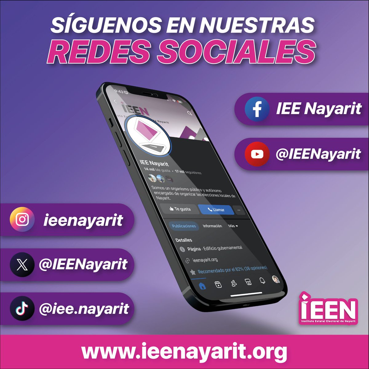 🎉 ¡SÍGUENOS EN NUESTRAS REDES SOCIALES! 🗳️
¿Quieres mantenerte informado sobre temas y actividades del Instituto Estatal Electoral de Nayarit IEEN?
🔹 Entérate de convocatorias
🔹 Participa en eventos y capacitaciones
🔹 Conoce tus derechos político-electorales