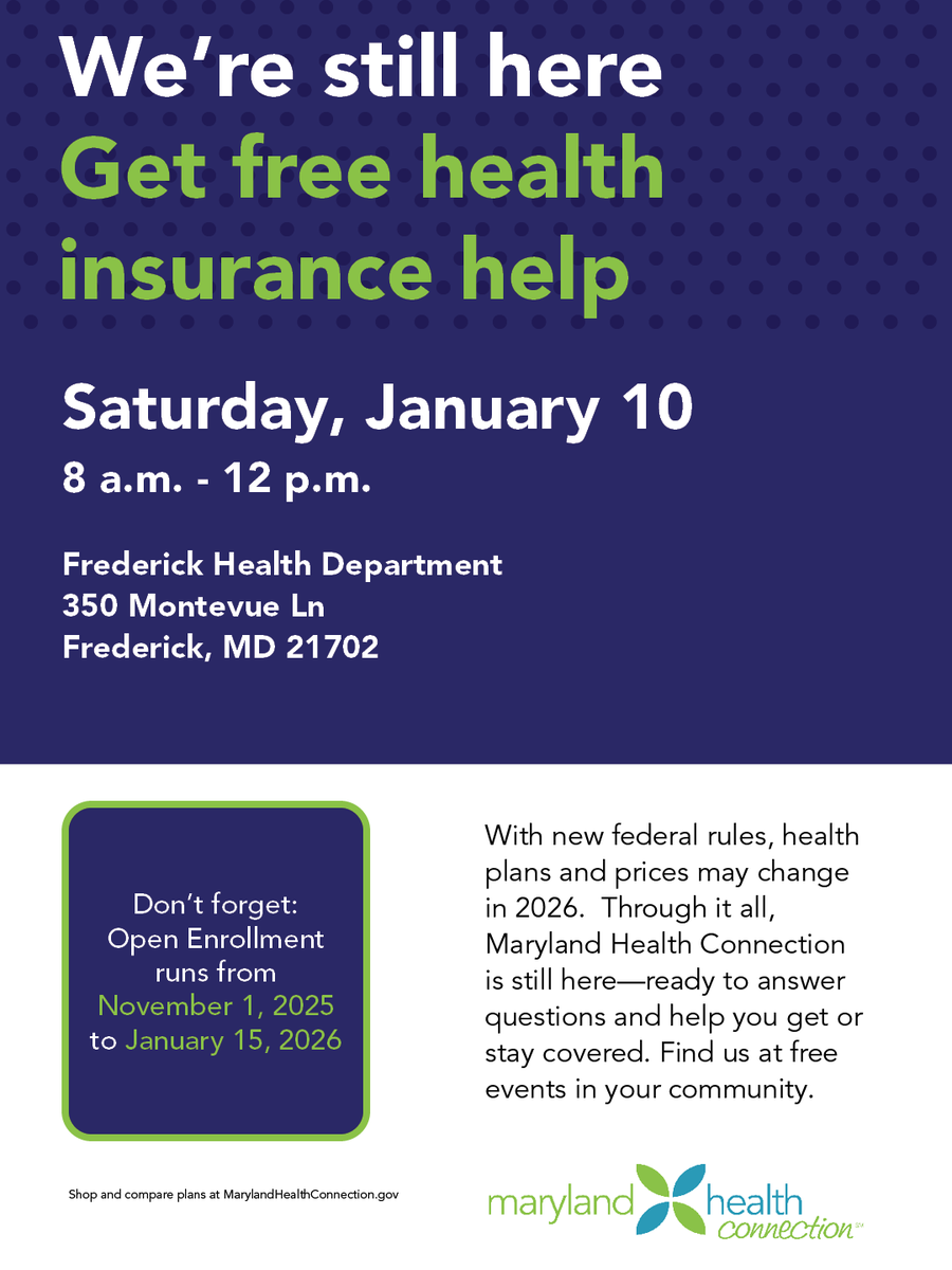 MarylandConnect's tweet image. Open enrollment is almost over! Come see us on 1/10 and 1/15 in Frederick to get free assistance enrolling in coverage.