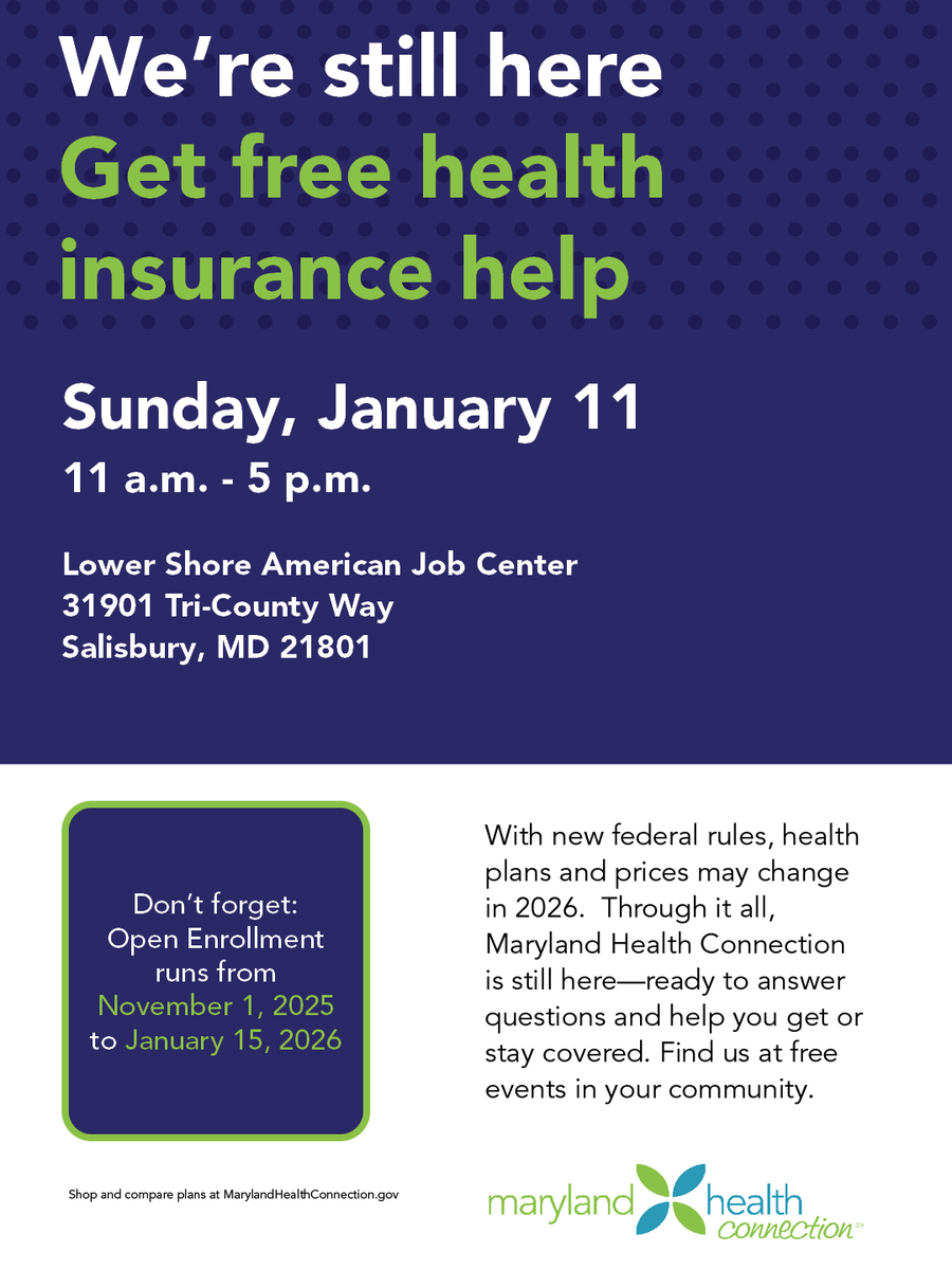 MarylandConnect's tweet image. Open enrollment is almost over!  

Come see us through January 15 at events throughout the Lower Shore!