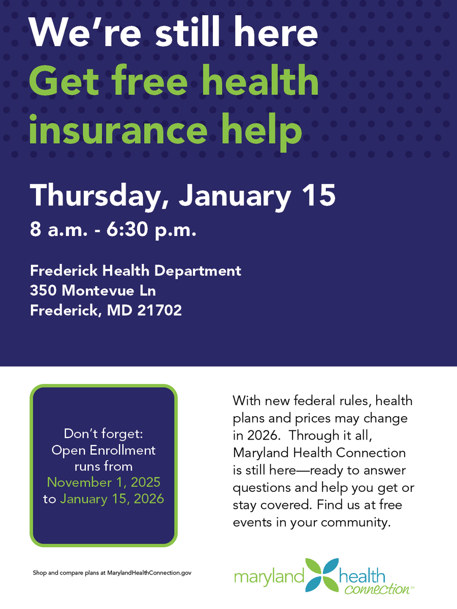 MarylandConnect's tweet image. Open enrollment is almost over! Come see us on 1/10 and 1/15 in Frederick to get free assistance enrolling in coverage.