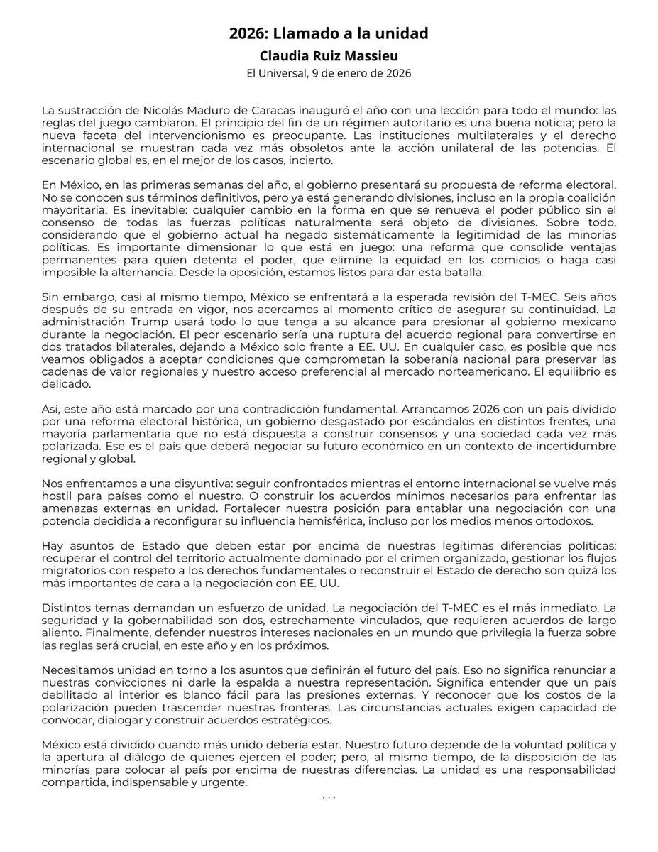 La sustracción de Nicolás Maduro inauguró el año con una lección para todo el mundo: las reglas del juego cambiaron. 

Les comparto mis reflexiones en <a href="/El_Universal_Mx/">El Universal</a> ✍️