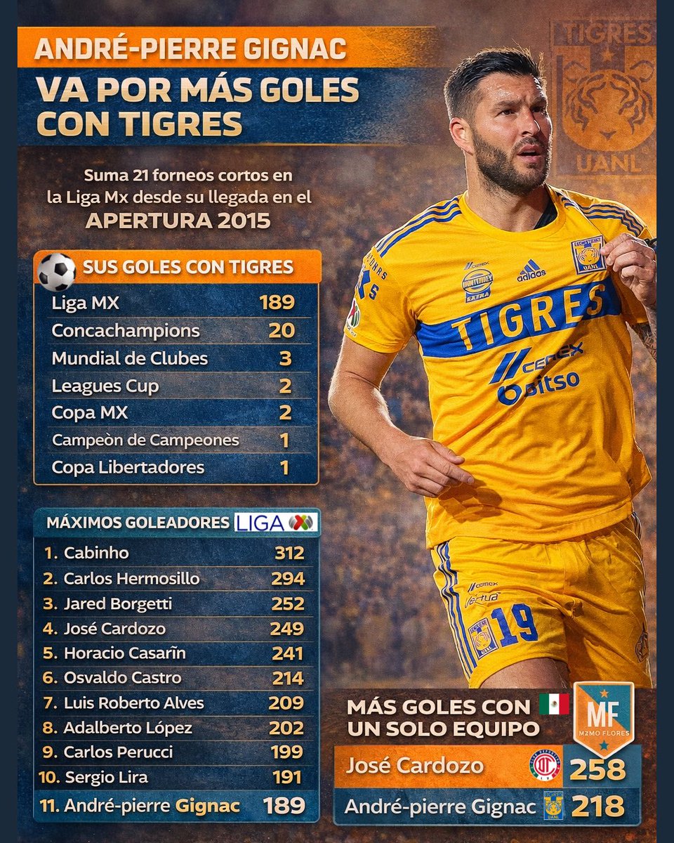 Memo_Flores's tweet image. ⚽️📊🐯🇫🇷André-Pierre Gignac buscará en este Clausura 2026 meterse dentro del Top 🔟 de máximos goleadores de la Liga MX. Está a solo 2️⃣ goles de Sergio Lira y también está a 1️⃣1️⃣ de alcanzar los 2️⃣0️⃣0️⃣ tantos en el balompié mexicano.

#DatadeMemo #Gignac #Tigres #LigaMX