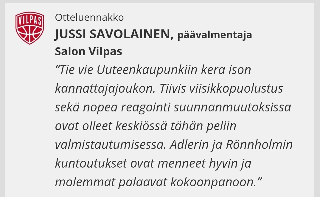 Vilppaalla Adler tekee paluun kokoonpanoon ja Korihaitkin on saamassa täyden kokoonpanon paikallispeliin. 

Hieno lauantai-iltapäivä tulossa Wintterissä! #Korisliiga #Korihait #Vilpas