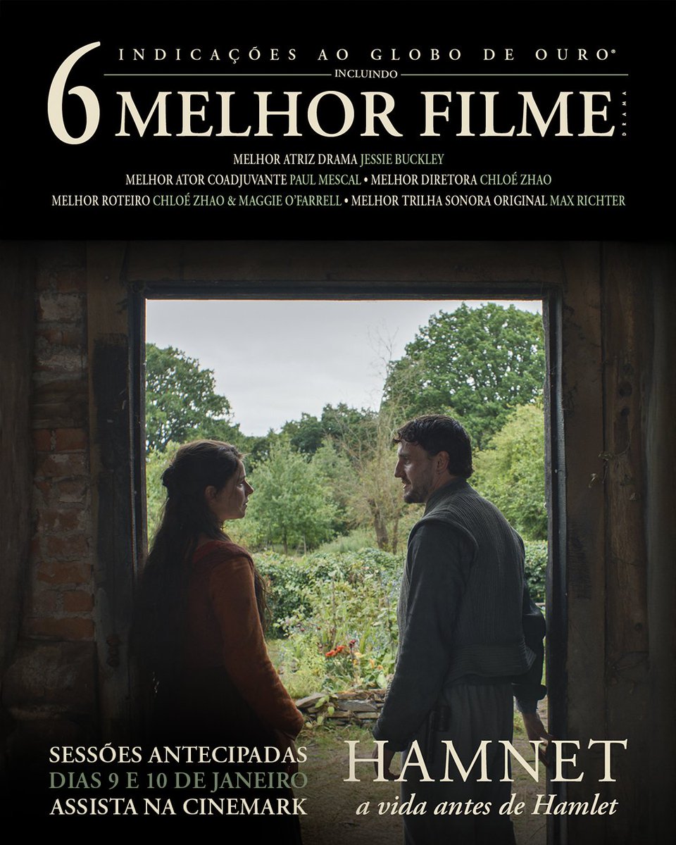 cinemarkoficial's tweet image. 🎭 Antes da noite do Globo de Ouro.

"HAMNET" ganha sessões antecipadas nos dias 9 e 10 de janeiro aqui na Cinemark. Assista antes da premiação e chegue preparado.

Confira as unidades participantes e garanta seu ingresso pelo #APPCinemark.

 #HamnetNaCinemark #GloboDeOuro