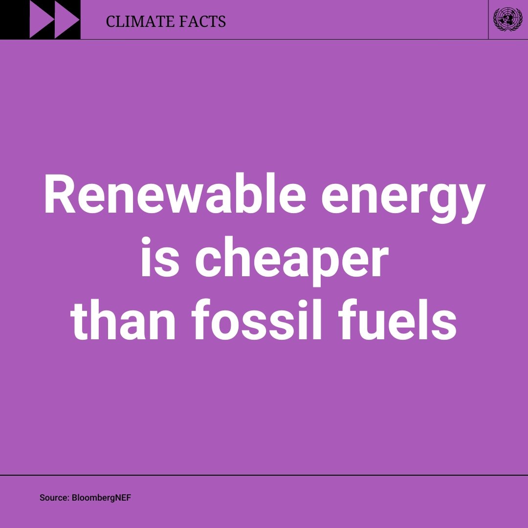 UNEP's tweet photo. The misconception that renewable energy is costlier than fossil fuels is outdated.

Since 2010, solar and wind energy costs have plummeted due to technological advancements, making #ClimateAction more affordable.

Check out this UN article for facts: https://t.co/NgprOR3LmJ https://t.co/0umVHITRQW