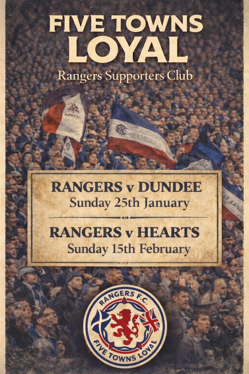 fivetownsloyal's tweet photo. 🚌 Bus Travel
We’re looking at putting a bus on for the following games:

🔵 Rangers v Dundee 25th January
🔵 Rangers v Hearts 15th February

💷 £45 per head (return)
Pick-ups across the Five Towns area.

If you fancy coming along, drop us a comment or a DM
All welcome. https://t.co/Bfh9BjO0lU