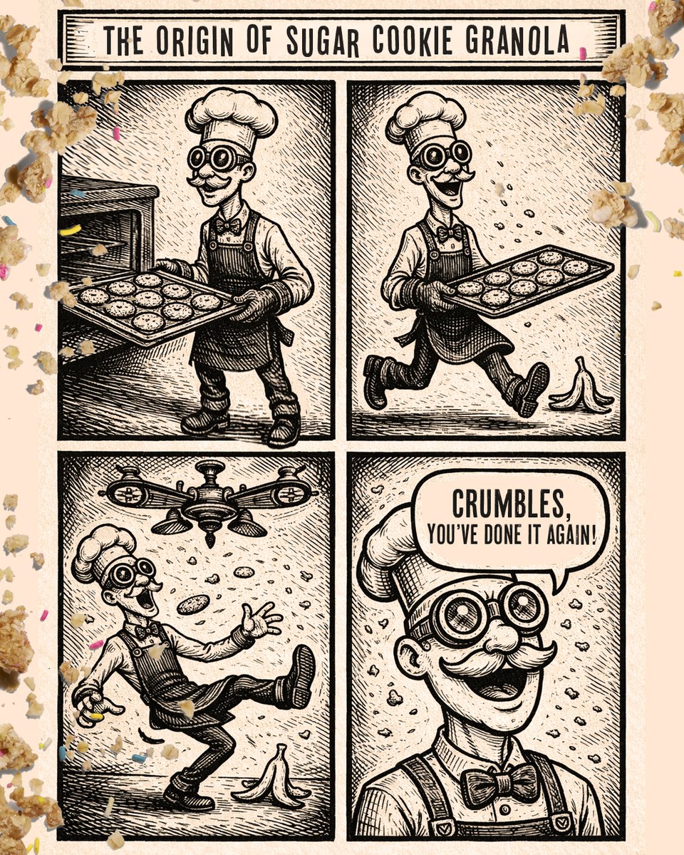 Many of us have slipped in the kitchen and sent a baking rack flying into the ceiling fan, raining down sweet chunks of sugar cookie. But only Uncle Crumbles was inspired to invent Sugar Cookie granola. That’s granola genius🧠