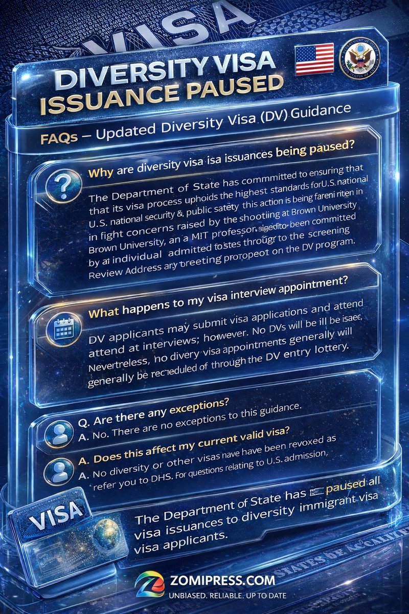 ZomiPress's tweet photo. 🔔 Diversity Visa (DV) Update – Important Notice 🇺🇸✈️

The U.S. Department of State has paused all Diversity Visa (DV) issuances, effective immediately.

📌 What does this mean?
✔️ DV applications can still be submitted
✔️ Visa interviews will continue as scheduled
❌ No Diversity Visas will be issued during this pause

🛡️ Why the pause?
The decision follows serious national security and public safety concerns, prompting a full review of screening and vetting procedures within the Diversity Visa program.

📅 Are interviews cancelled?
➡️ No. Existing DV interview appointments are generally NOT cancelled or rescheduled.

🚫 Any exceptions?
➡️ No exceptions apply to this guidance.

✅ Does this affect current valid visas?
➡️ No. No Diversity Visas or other visas have been revoked.

🔍 What happens next?
There is no announced end date yet. The pause is temporary while the U.S. reviews and strengthens its vetting process.

📖 Read our full Zomi Press Policy Explainer for a simple, clear breakdown: https://t.co/dnjFtYaRAo

#DiversityVisa #DVLottery #DVUpdate #USVisa #ImmigrationNews  #VisaPolicy #StateDepartment #NationalSecurity #ZomiPress #PolicyExplainer #Zomi