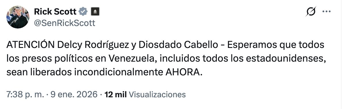 🇺🇸🇻🇪 | #ÚLTIMO Rick Scott lanza una advertencia a Delcy y a Diosdado: 

"Esperamos que todos los presos políticos en Venezuela, incluidos todos los estadounidenses, sean liberados incondicionalmente AHORA".