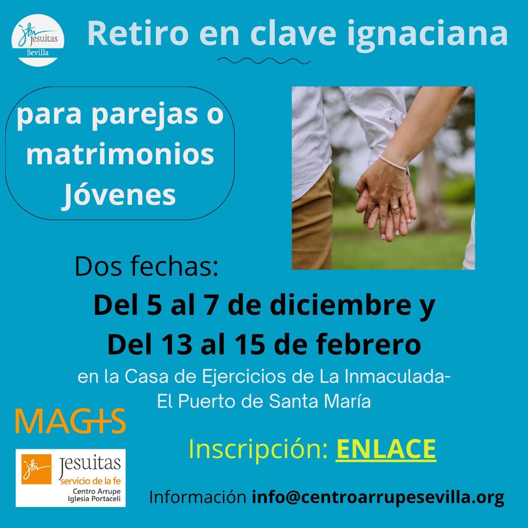 Recordatorio, hasta el 30 de enero podéis inscribiros al segundo retiro de parejas - matrimonios. Se celebrarán del 13 al 15 de febrero. Para inscribiros: docs.google.com/forms/d/e/1FAI…
Es esencial para inscribirse rellenar el formulario. Más información en info@centroarrupesevilla.org