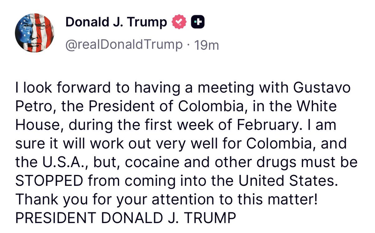 El presidente Trump anuncia la visita del Presidente <a href="/petrogustavo/">Gustavo Petro</a> la primera semana de febrero. 

Trump dice estar seguro de que la reunión saldrá bien para Colombia pero que el flujo de drogas tiene que ser frenado.