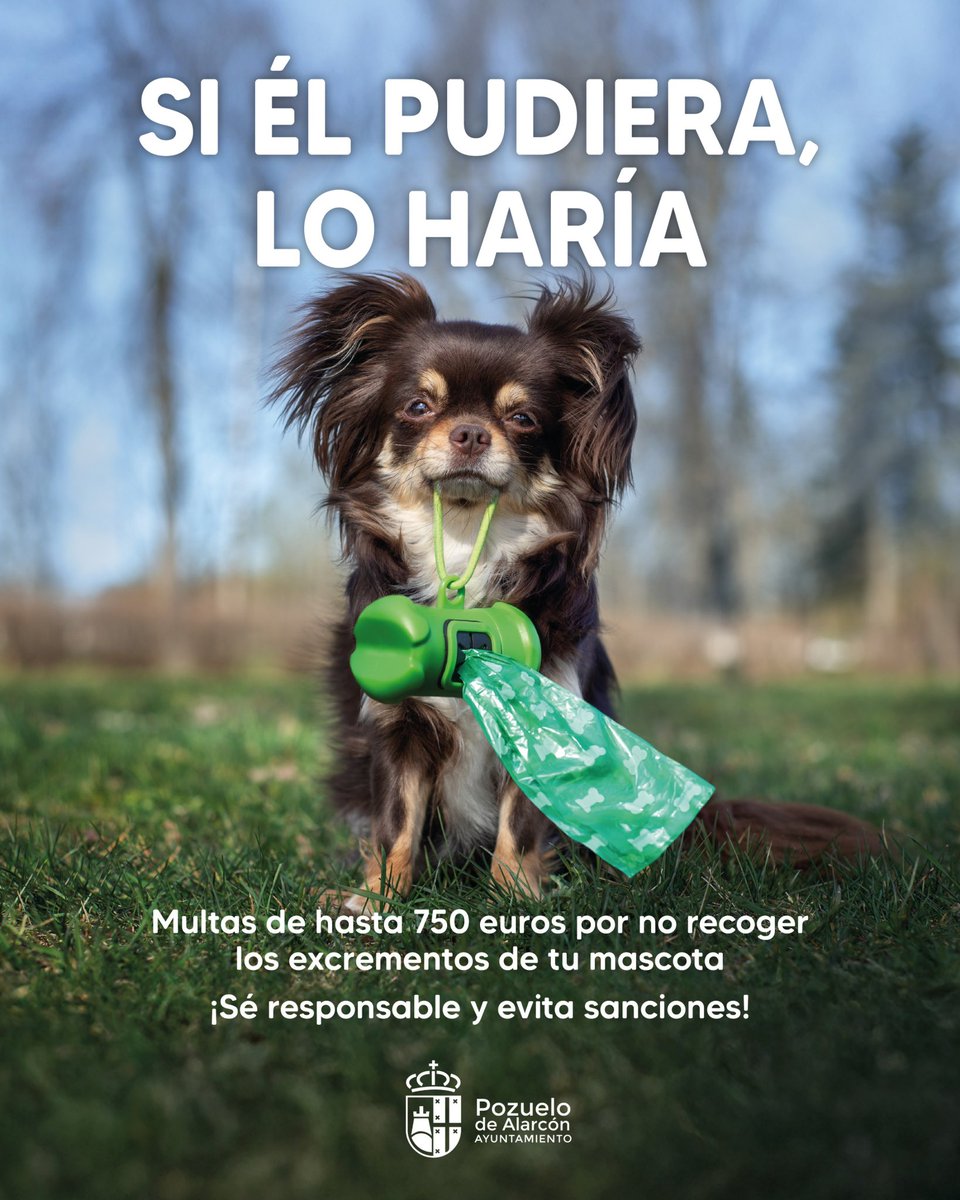 🐕 Por un Pozuelo más limpio, el Ayuntamiento refuerza la campaña de vigilancia y sensibilización para la recogida de excrementos caninos, un gesto tan sencillo como cívico y que no cuesta nada, ya que la multa puede llegar a 750 euros. 

pozuelodealarcon.org/oficina-de-pre…