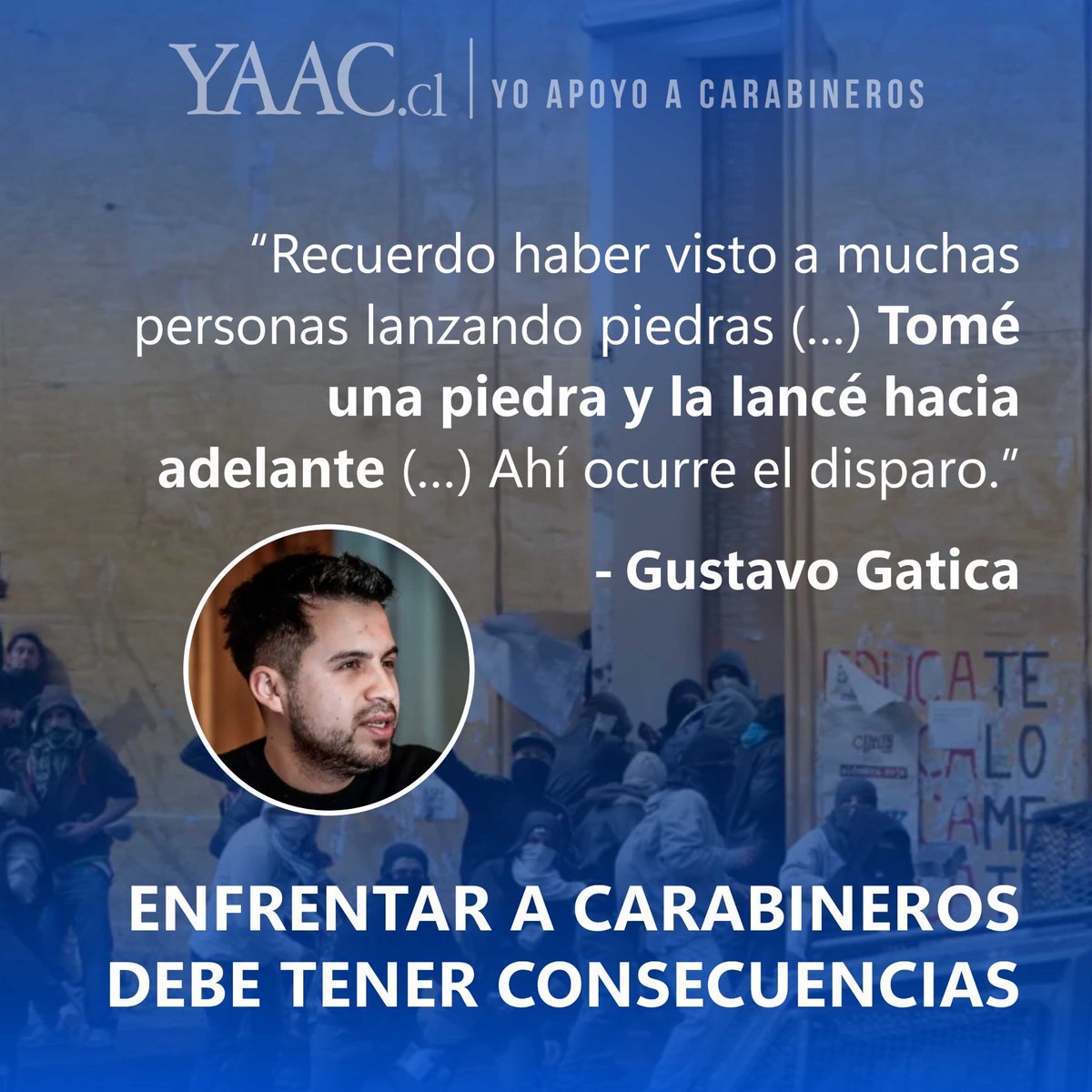 ChileYAAC's tweet image. La memoria no puede ser selectiva.

Enfrentar a Carabineros tiene consecuencias. Y quien se enfrente a la fuerza pública, debe asumir racionalmente las consecuencias reales de esos enfrentamientos.

#Seguridad #Carabineros #YAAC #YoApoyoACarabineros