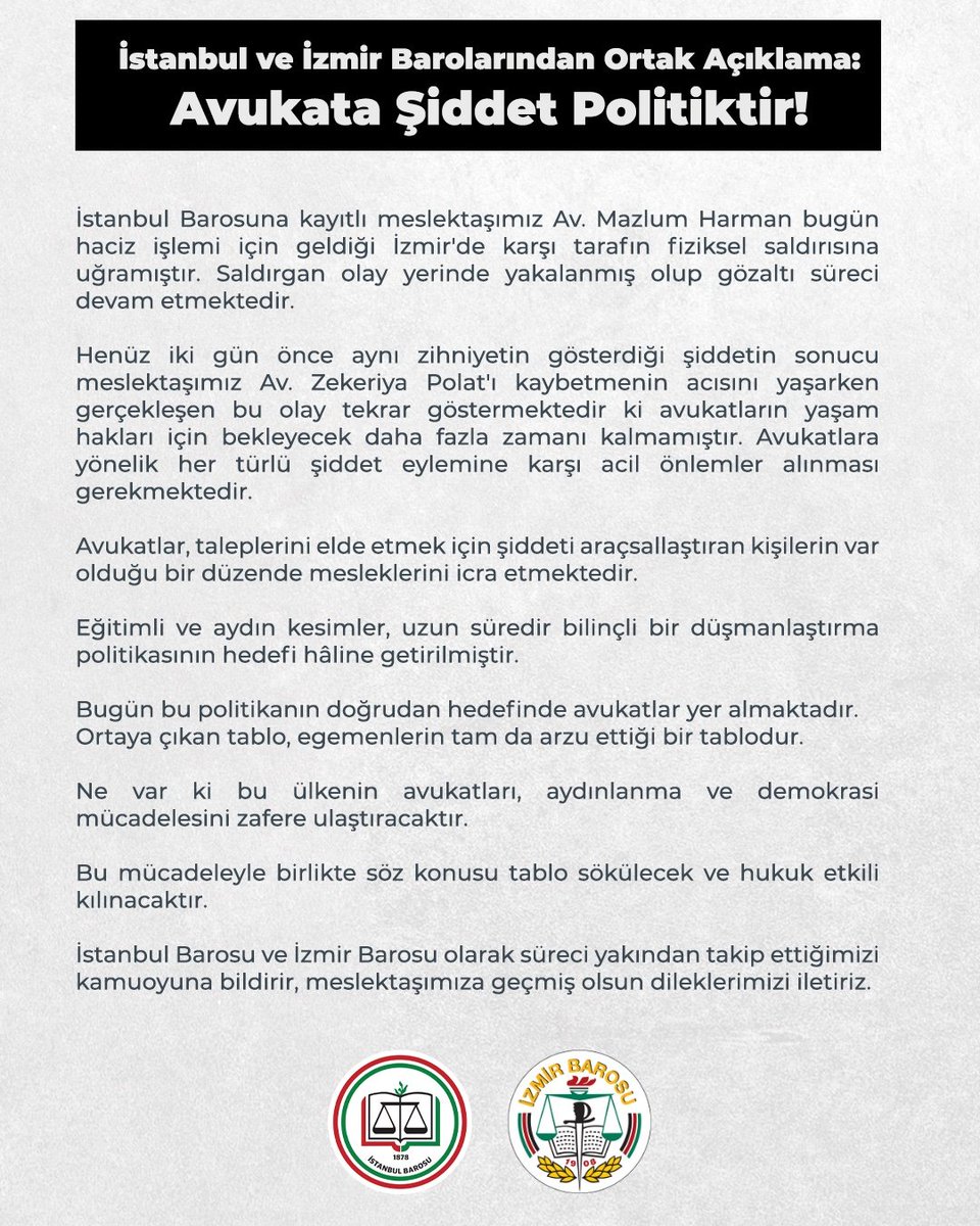 İstanbul ve İzmir Barolarından Ortak Açıklama: Avukata Şiddet Politiktir!

İstanbul Barosuna kayıtlı meslektaşımız Av. Mazlum Harman bugün haciz işlemi için geldiği İzmir'de karşı tarafın fiziksel saldırısına uğramıştır. Saldırgan olay yerinde yakalanmış olup gözaltı süreci devam