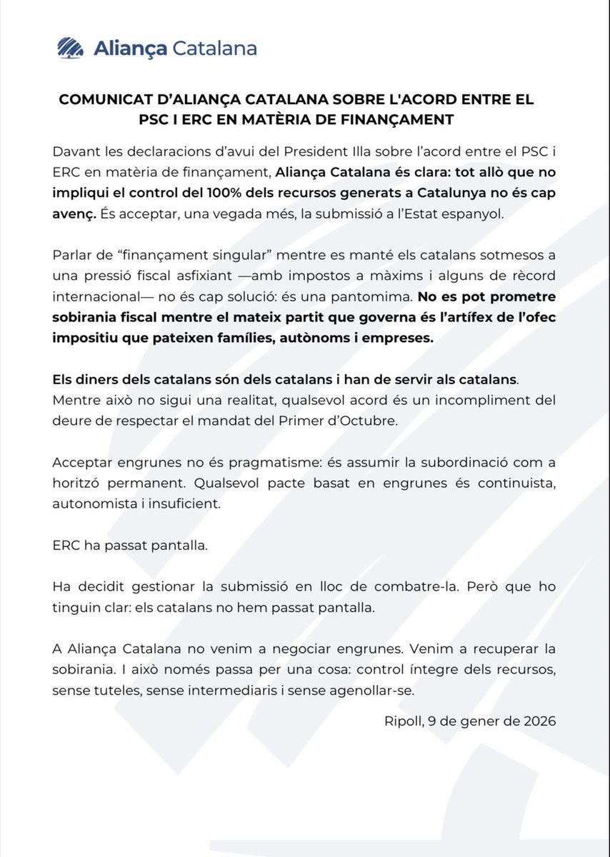 CatalunyaAC's tweet image. 📢 COMUNICAT | Aliança Catalana sobre l'acord entre el PSC i ERC en matèria de finançament.

💙 #SalvemCatalunya