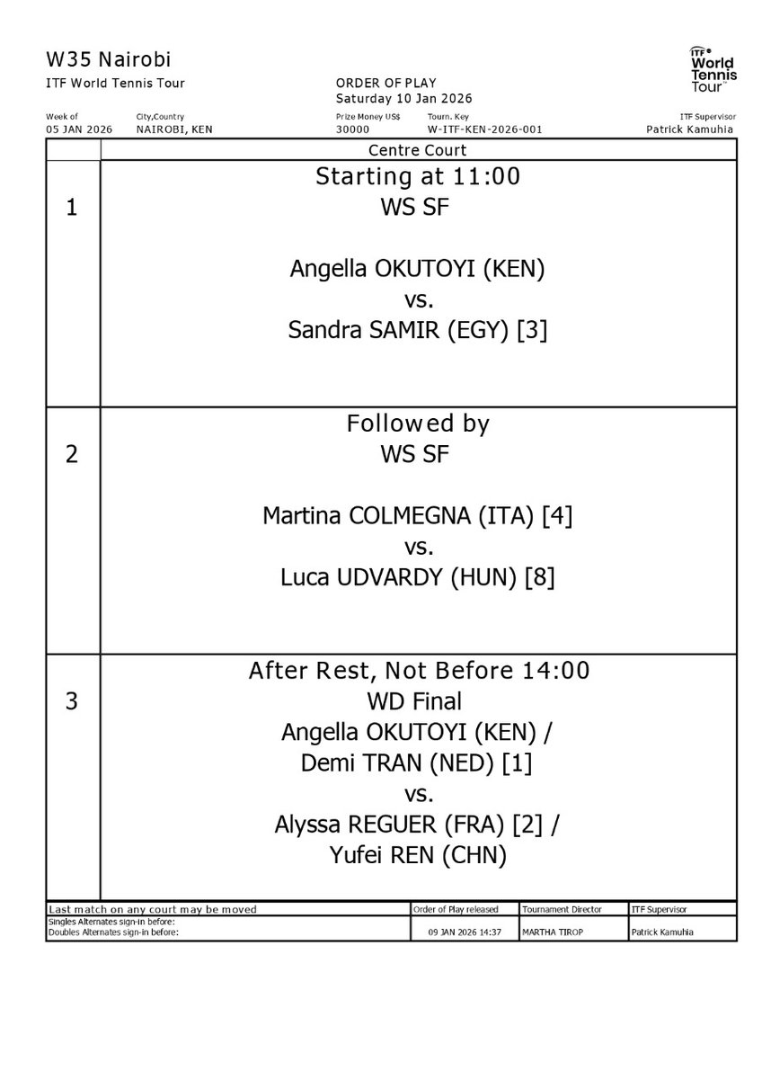 🎾 W35 #NAIROBI — WORLD ANGELLA OKUTOYI DAY 🙌🏿

<a href="/Okutoyiangella2/">Angella Okutoyi</a>  (KEN) 🆚 Sandra Samir (EGY)
ITF W35 Singles Semi + Doubles Final 💥

🗓️ Sat, Jan 10
🕚 From 11:00 AM
📍 Parklands Sports Club

No entry fee, just show up &amp; witness brave tennis 🇰🇪🔥  
#TennisKE  #SherehePlug