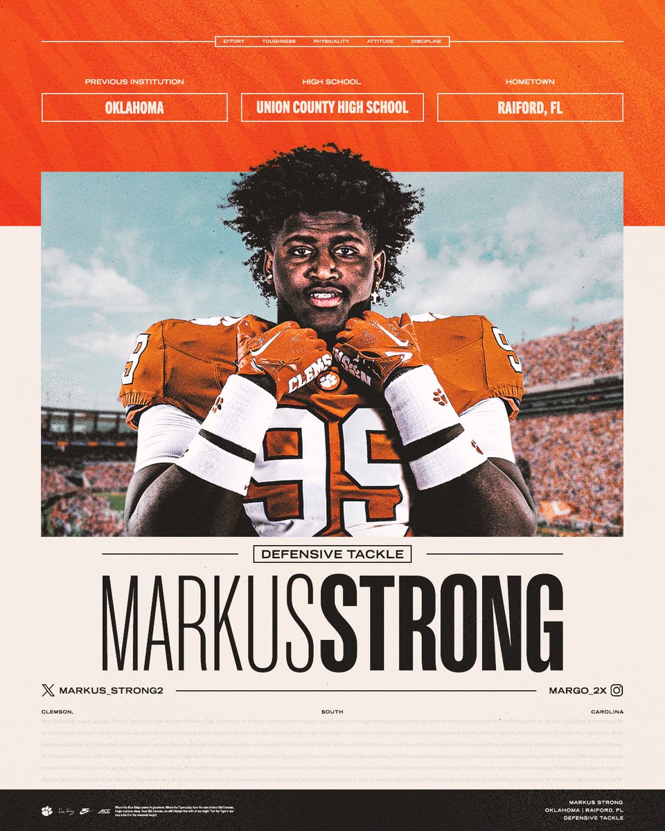 ClemsonFB's tweet image. Too Strong!! 💪 Welcome to DLU, @Markus_Strong2! 🐅 #ALLIN