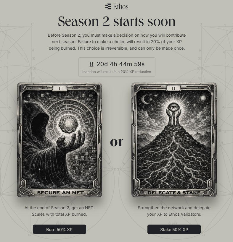 rodrigomcrypto's tweet photo. Season 2 is about to start, and now comes the real decision.

I can either burn 50% of my XP to secure an NFT at the end of the season, or stake 50% of it to strengthen the network and delegate to @Ethos_io  validators.

What’s the best move here, burn for the NFT or stake and play the long game?