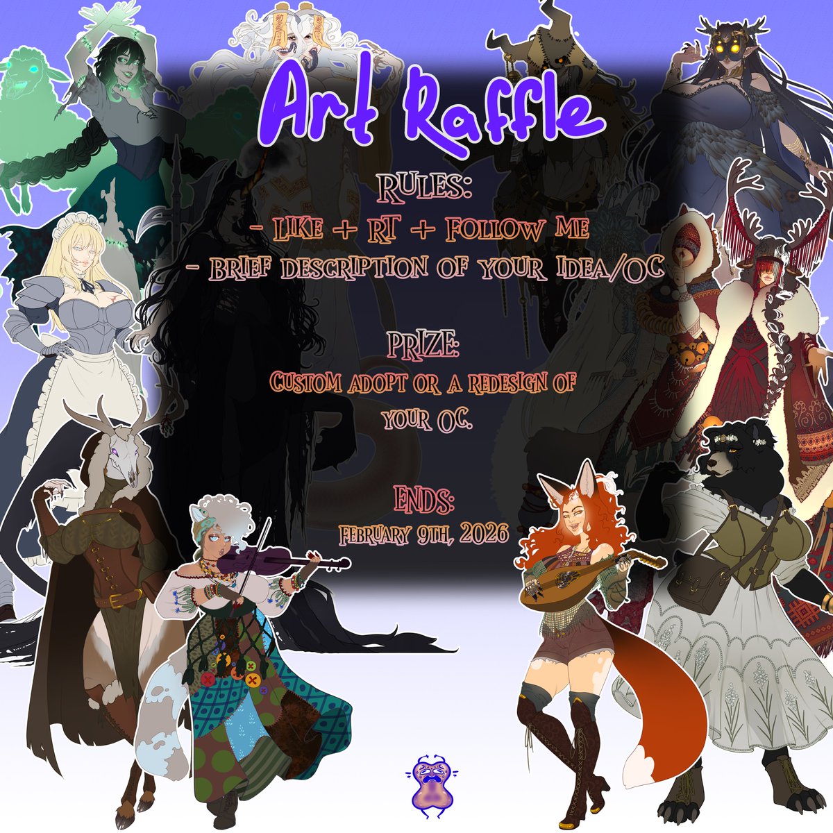 🍊🍋🍇ART RAFFLE🍇🍋🍊

✨RULES:
- Like + RT + Follow me
- Description of your idea/OC

✨PRIZE: 1 winner. Custom adopt or a redesign of your OC. Clean line and flat colors. No background. Deadline: 1 month.

✨ENDS: February 9th, 2026

#Artgiveaway
#Artraffle
#Raffle