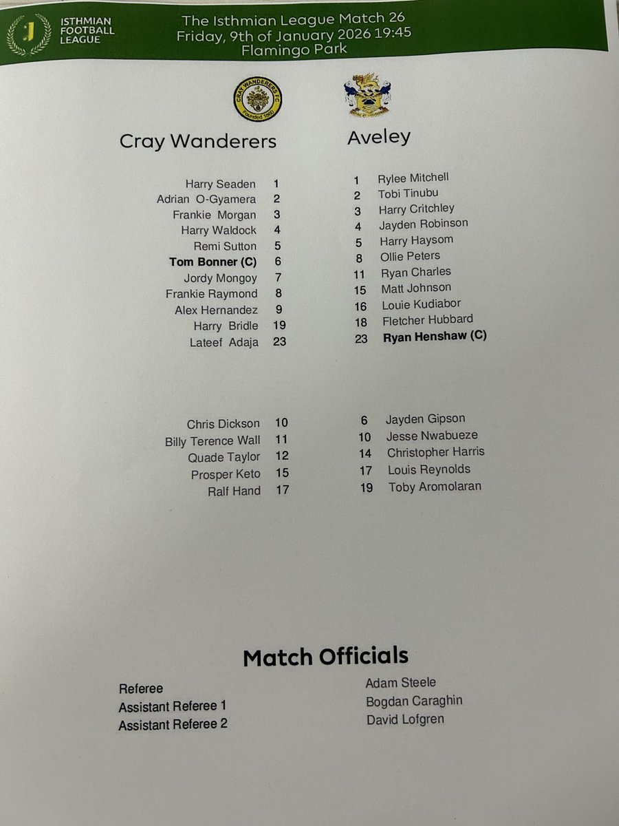 MarkDoigFC's tweet image. Teams for @OfficialWands v @AveleyFC in the @IsthmianLeague Premier Division