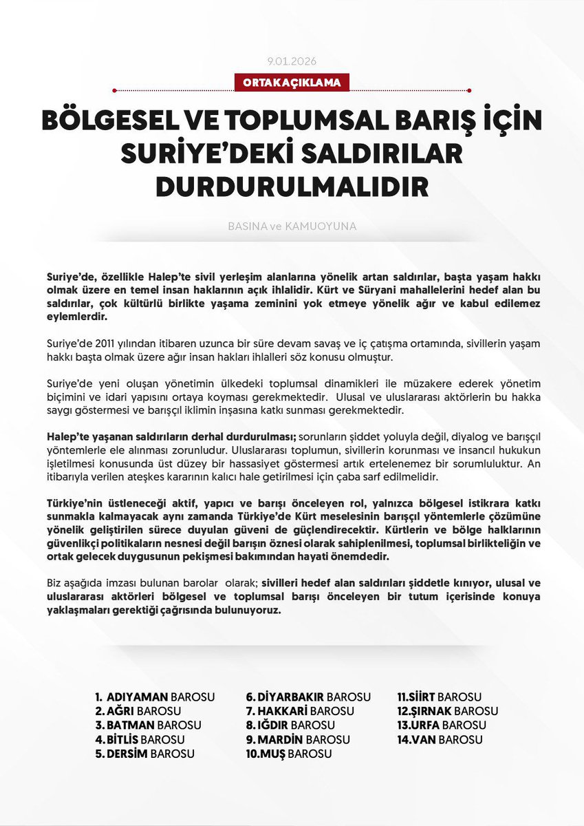 Bölgesel ve Toplumsal Barış İçin Suriye'deki Saldırılar Durdurulmalıdır.