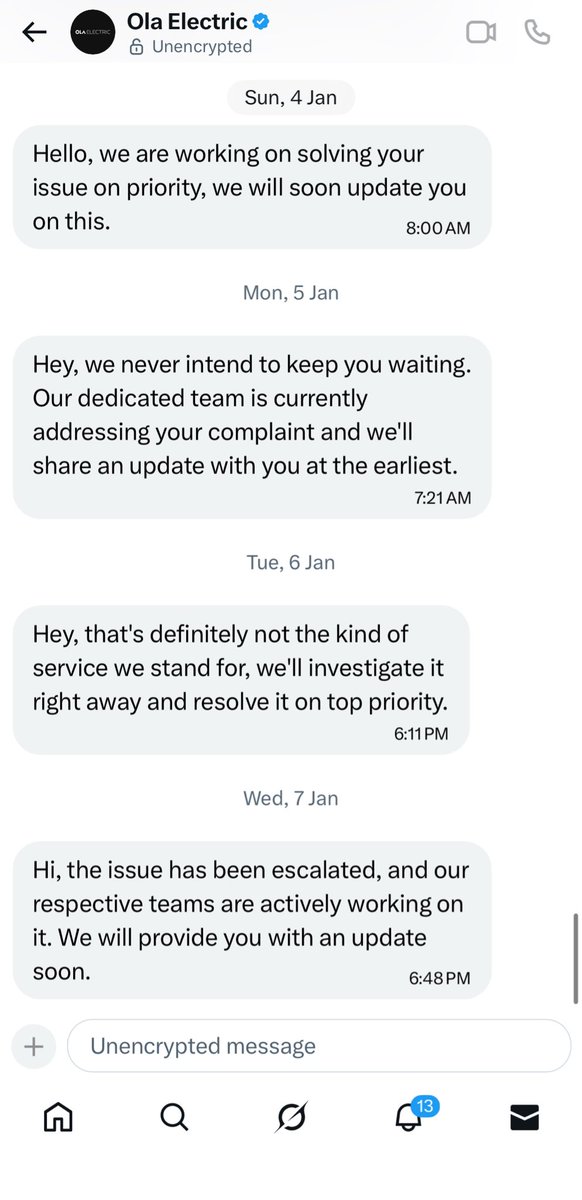 puneet083's tweet photo. @OlaElectric @bhash DAY 13 REMINDER 13 STILL WAITING FOR RSA TO PICK FAULTY SCOOTER .Where is UR hyper service🫣RSA NO:SRN29122500316
Every day I call I get the same reply‘we are sorry for the concern and our backend team is working to resolve’. Feed up of daily failed commitment https://t.co/sUtYaVwh7x
