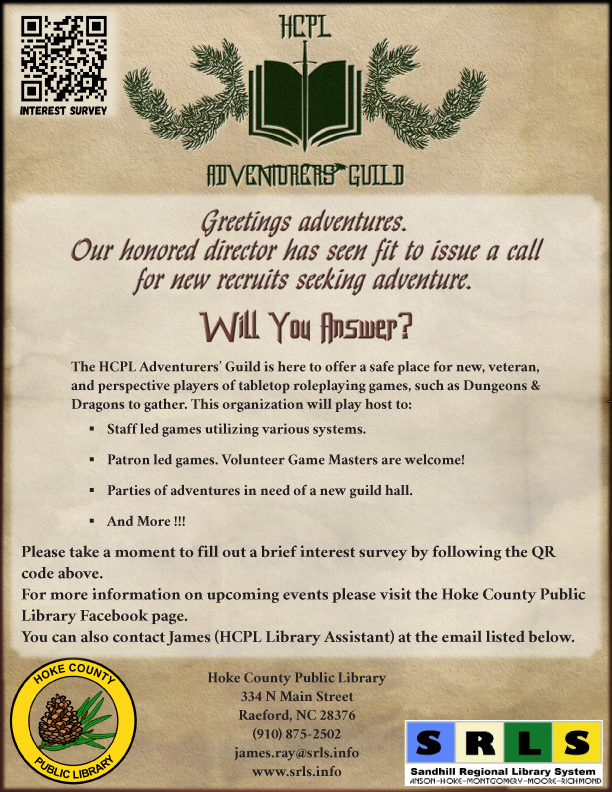 There will be an HCPL Adventurer's Guild event this Saturday January 10th, and will run from 10am-12pm in the history room.
If you are interested in joining as a new player, please let me know.
Interested in being in the Adventures Guild?
Sign up form:
forms.gle/JNTGx2NhzzXuC2…