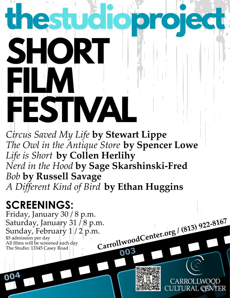 It's our first Short Film Festival!🎬🎥🍿🎞📽
The Studio Project gives opportunities to local artists to have their work shown and experienced. Come support local filmmakers during this 3-day festival showcasing their talent! (Only $5 admission!)
Get Tickets at 813-922-8167.