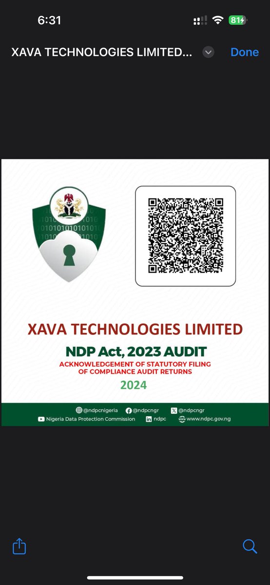 __adewale's tweet photo. Congratulations to us! Xava Technologies has now been fully registered, Audited and certified by the Nigerian Data Protection Commission! https://t.co/AVeXBdD1Qo