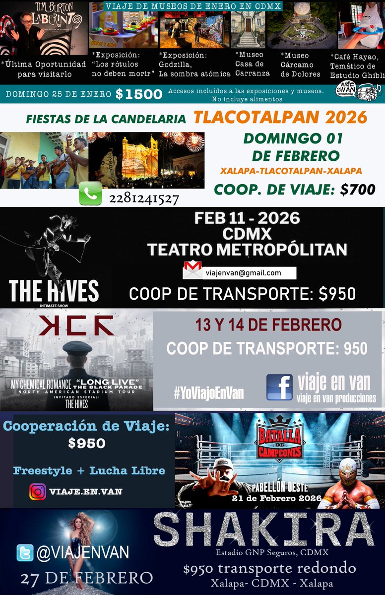 Te invitamos a nuestros próximos viajes!!
Transporte Redondo XALAPA-CDMX-XALAPA $950
Paquetes de Viaje con Boleto - Según Evento y Zona
Viajes a otro destino que no sea CDMX - Según Ciudad
Viajes De Museos o Eventos Especiales - Según Evento y Zona
Desde #Xalapa #YoViajoEnVan
