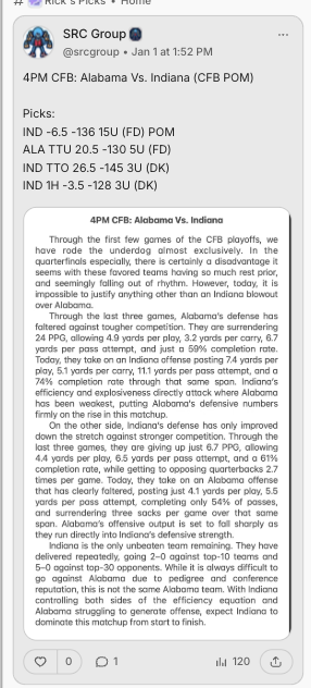 SRCGROUP2K's tweet image. CFB POY (Play of YEAR) Posted to VIP

Last Four CFB POW+ Plays
🏈MIA -2.5 10U (POW)✅ (1/8)
🏈IND -6.5 15U (POM)✅ (1/1)
🏈MIA +10.5 15U (POM)✅ (12/31)
🏈IND OSU U47.5 15U (POM)✅ (12/6)

⬇️For All Plays Click⬇️
bit.ly/SRCRNRSRC

#Betsmarter #GamblingX