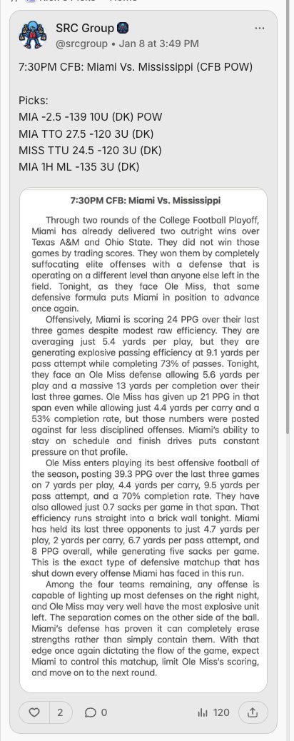 SRCGROUP2K's tweet image. CFB POY (Play of YEAR) Posted to VIP

Last Four CFB POW+ Plays
🏈MIA -2.5 10U (POW)✅ (1/8)
🏈IND -6.5 15U (POM)✅ (1/1)
🏈MIA +10.5 15U (POM)✅ (12/31)
🏈IND OSU U47.5 15U (POM)✅ (12/6)

⬇️For All Plays Click⬇️
bit.ly/SRCRNRSRC

#Betsmarter #GamblingX