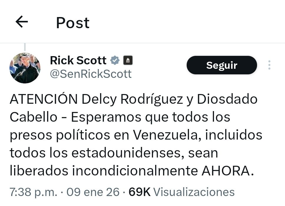 JPActivista's tweet image. 🚨 ÚLTIMA HORA | ADVERTENCIA DIRECTA DESDE EE. UU. 🇺🇸🇻🇪
El senador estadounidense Rick Scott lanzó una advertencia directa y pública al régimen venezolano, señalando directamente a Delcy Rodríguez y Diosdado Cabello.
Desde Estados Unidos exigen la liberación inmediata e…