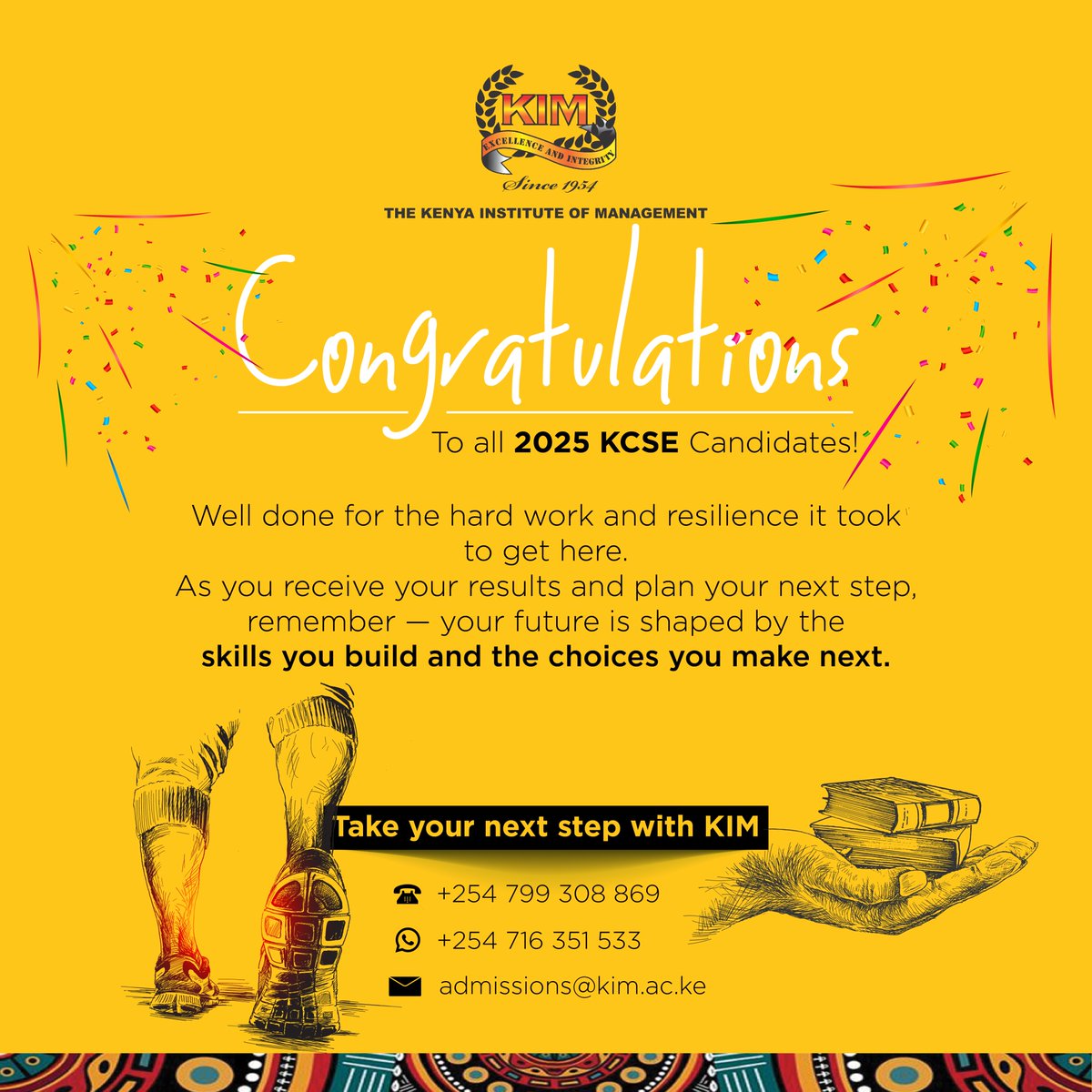 KIMKenya's tweet image. Congratulations to all 2025 KCSE candidates 🎉
January Intake is Ongoing. Enrol today!
#Computer packages
#Artisan Courses
#Certificate Courses
#Diploma Programmes
#Professional Certification Courses
#TVET-CDACC Programmes