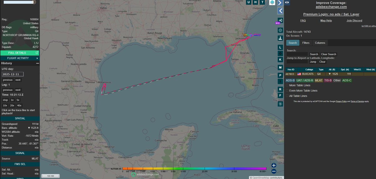 andres_dlap's tweet image. Algunos sobrevuelos de UAV's (aviones espías) estadounidenses que ocurrieron en diciembre de 2025 (crédito a @prefix64 por la detección).

En serio, ignoren lo que dicen Sheinbaum y Trump y fíjenese en qué hacen los ejércitos en los hechos. Las operaciones llevan rato. 

Va 🧵