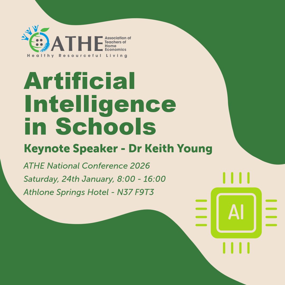 ATHE_HomeEc's tweet photo. 🎤 Excited to announce Dr. Keith Young as the Keynote Speaker for the ATHE National Conference! He'll discuss AI in education and its future impact on teaching and learning. 📅 Join us on January 24th, at Athlone Springs Hotel. 🎟 Book your tickets now! https://t.co/SbYzT6uOu8