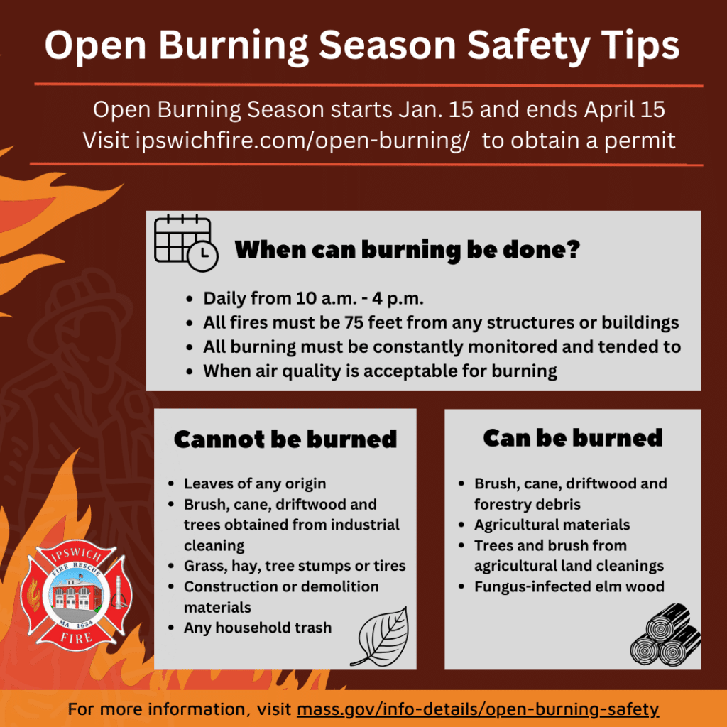 Open Burning Season Begins Jan. 15: The 2026 Open Burning Season begins on Thursday, Jan. 15, and ends on May 1.  Open burning during this period is governed by the following… ipswichfire.com/2026/01/09/ope…