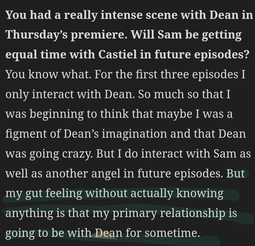 CasIsLoved's tweet image. "But my gut feeling without actually knowing anything is that my primary relationship is going to be with Dean for sometime."

Misha Collins said that on September 24, 2008...