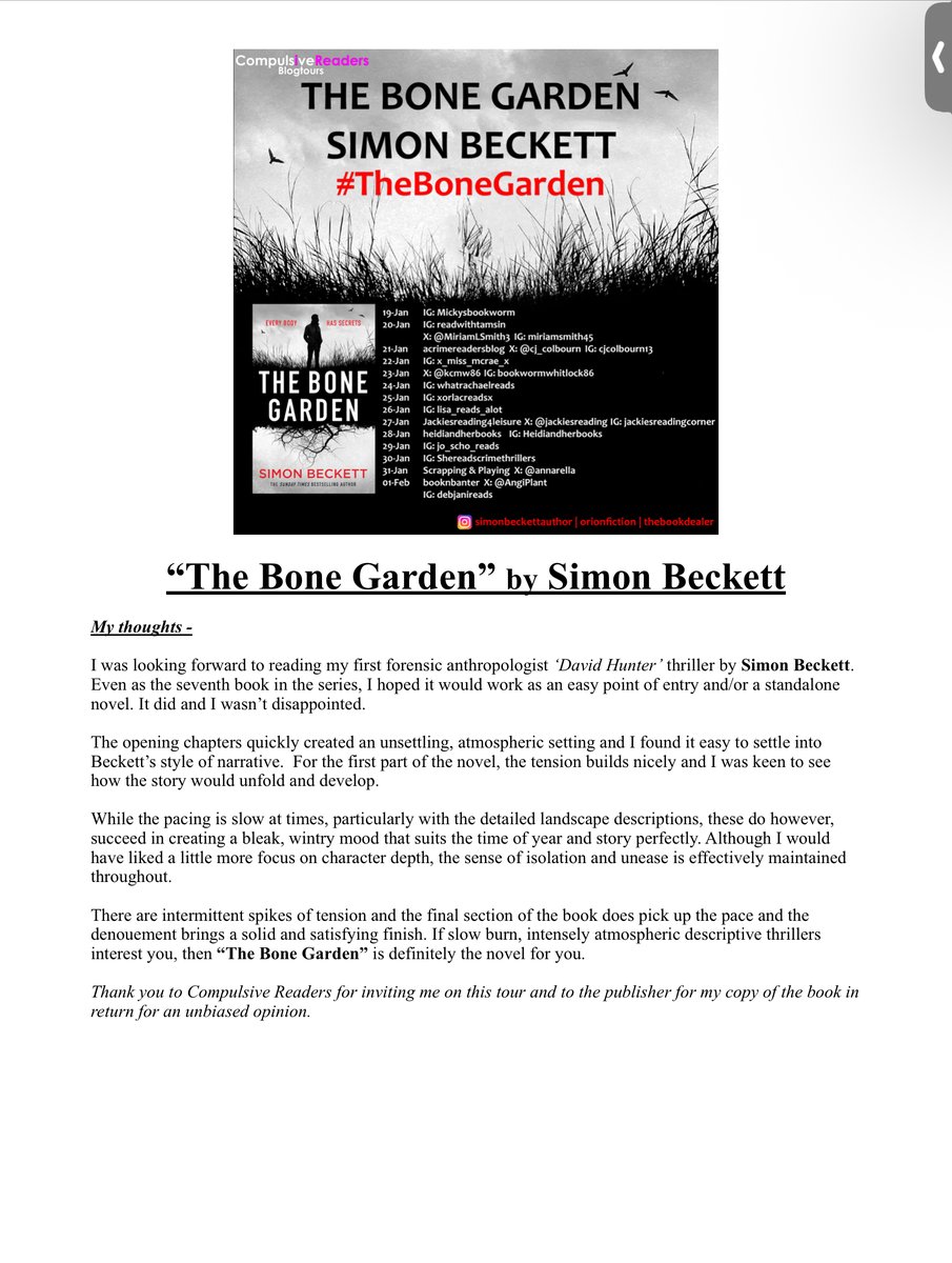 MiriamLSmith3's tweet photo. It’s my turn today on the blog tour for Simon Beckett’s #TheBoneGarden - book 7 in the #DavidHunter forensic anthropologist series on behalf of #orionfiction @Tr4cyF3nt0n #CompulsiveReaders

#AMothersMusingsSunderland #AMakemMothersMusings 

Read my thoughts and more below - https://t.co/gaxi0ykO60
