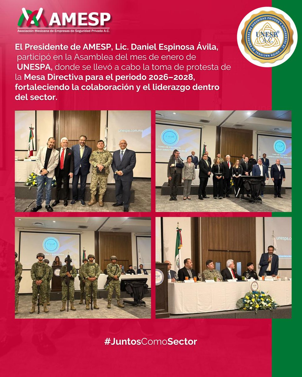 El Presidente de AMESP, Lic. Daniel Espinosa Ávila, participó en la Asamblea del mes de enero de <a href="/PrivadaUnespa/">UNESPA-Seguridad Privada</a>,donde se llevó a cabo la toma de protesta de la Mesa Directiva para el periodo 2026–2028, fortaleciendo la colaboración y el liderazgo dentro del sector
#AMESP #UNESPA