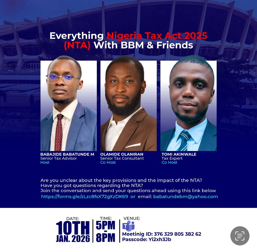 Join us tomorrow as we discuss the Nigeria Tax Act 2025 (NTA). Already received over 150 questions. Come let's discuss! 

Bookmark the post and mark your calendar 

teams.microsoft.com/l/meetup-join/…